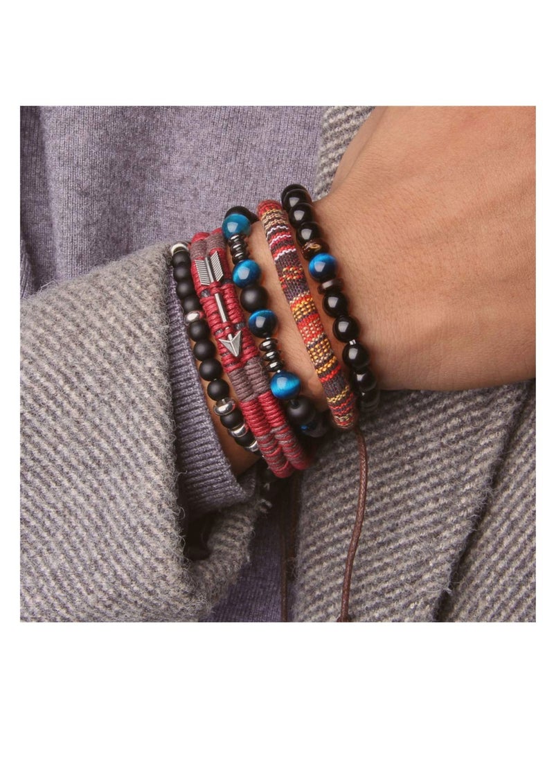 SYOSI - Braided Leather Bracelets for Men Women Wrap Tiger Eye Lava Rock Beads Bracelet Woven Ethnic Tribal Rope Wristbands Set Adjustable - Image 1