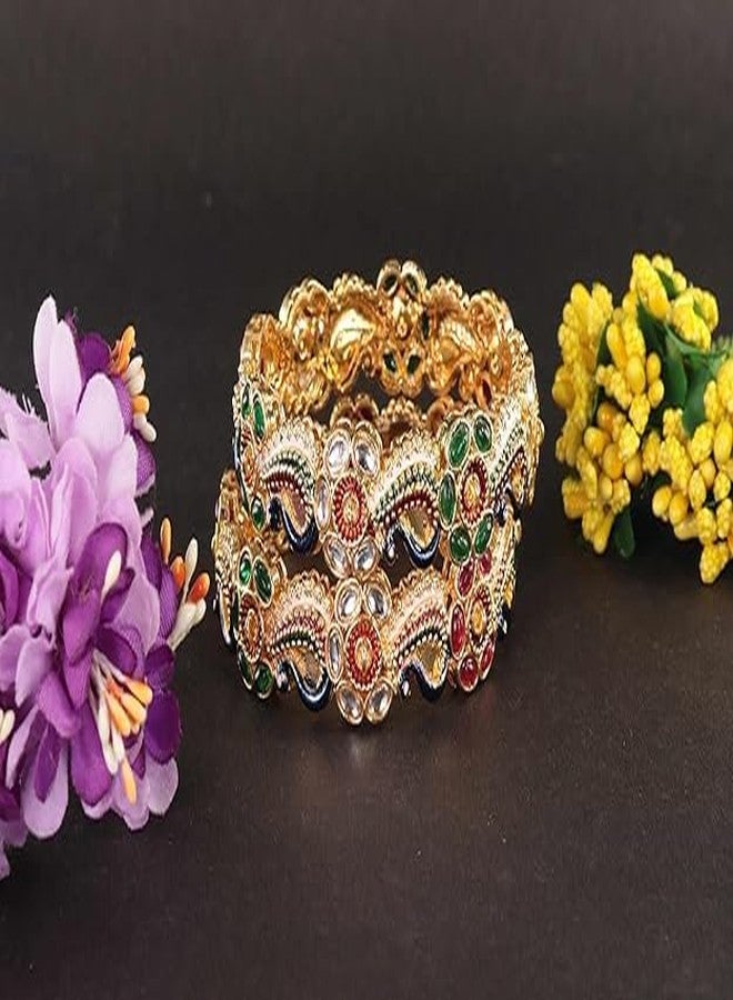 BANGLESKART طقم أساور كادا فاخر من بانغلسكارت، مطلي بالذهب، مصنوع من سبيكة معدنية، مرصع بأحجار زركون متعددة وتصميم طاووس ميناكاري، مناسب للنساء والفتيات. أساور تقليدية من سبيكة معدنية، مناسبة لحفلات الزفاف والمناسبات والأعياد. طقم مكون من قطعتين. - Image 4