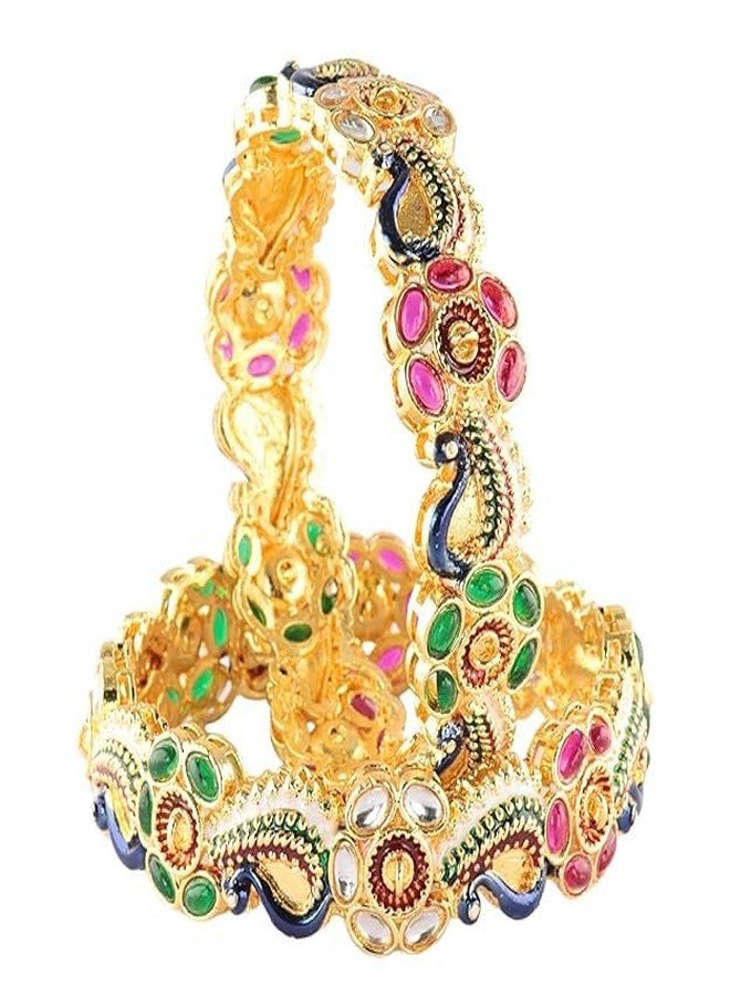 BANGLESKART طقم أساور كادا فاخر من بانغلسكارت، مطلي بالذهب، مصنوع من سبيكة معدنية، مرصع بأحجار زركون متعددة وتصميم طاووس ميناكاري، مناسب للنساء والفتيات. أساور تقليدية من سبيكة معدنية، مناسبة لحفلات الزفاف والمناسبات والأعياد. طقم مكون من قطعتين. - Image 5
