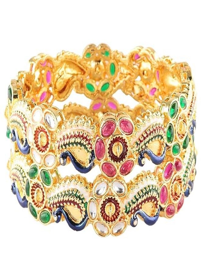 BANGLESKART طقم أساور كادا فاخر من بانغلسكارت، مطلي بالذهب، مصنوع من سبيكة معدنية، مرصع بأحجار زركون متعددة وتصميم طاووس ميناكاري، مناسب للنساء والفتيات. أساور تقليدية من سبيكة معدنية، مناسبة لحفلات الزفاف والمناسبات والأعياد. طقم مكون من قطعتين. - Image 3