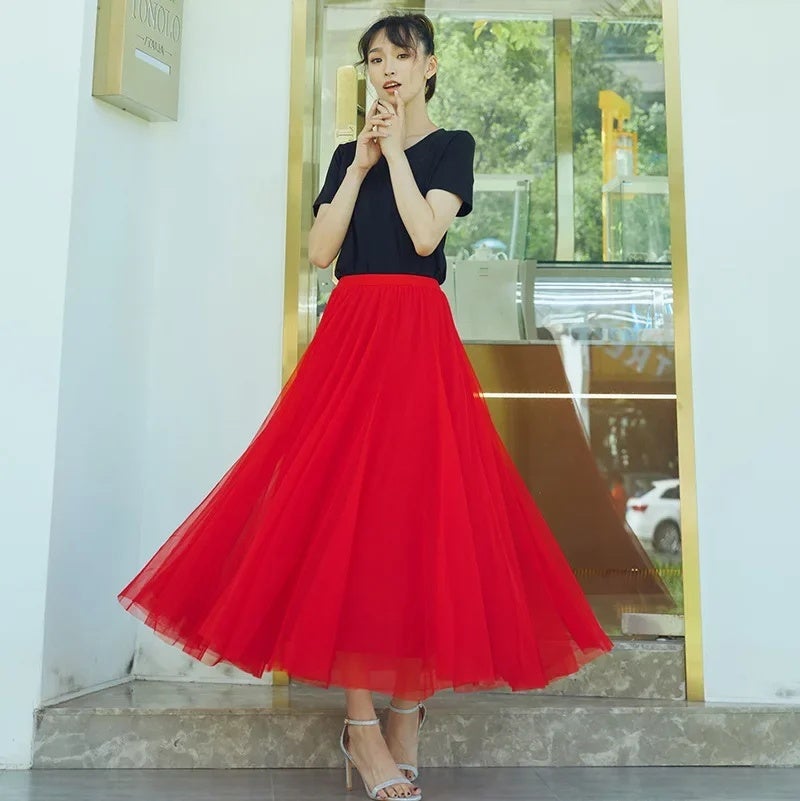 Carefully Selected 720-Degree Square Dance Red Mesh Long Skirt with Large Flares, Slimming A-Line Skirt That Covers the Hips and Makes You Look Slimmer, Purple Mesh - Image 4