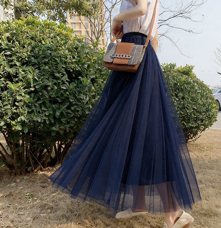 Carefully Selected 720-Degree Square Dance Red Mesh Long Skirt with Large Flares, Slimming A-Line Skirt That Covers the Hips and Makes You Look Slimmer, Purple Mesh - Image 1
