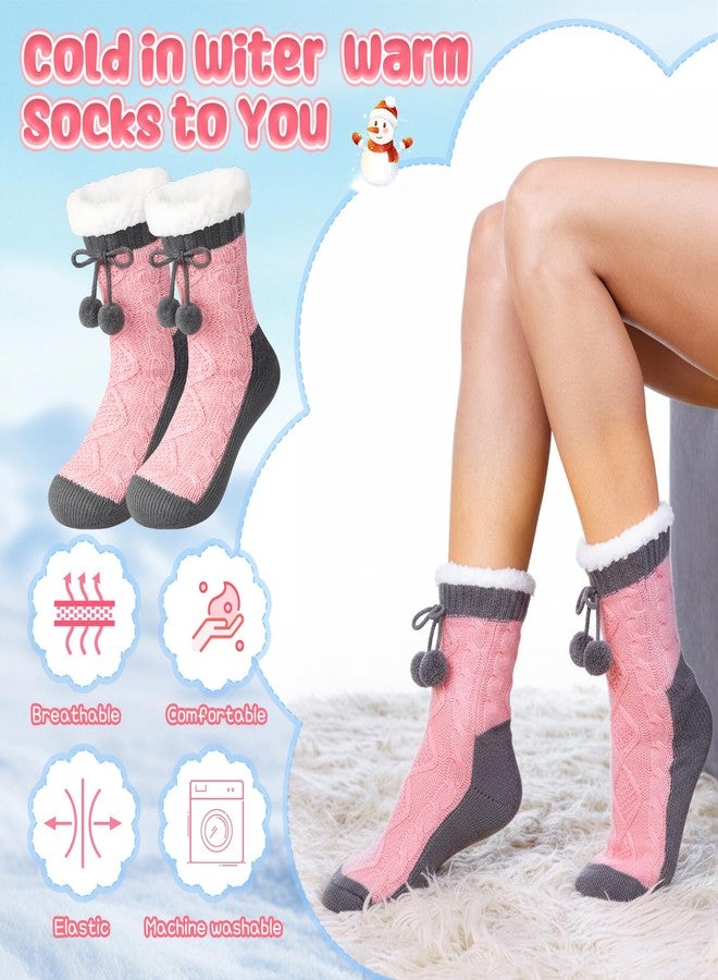 Janmercy Women Sipper Fuzzy Grips Socks Winter Warm Thick Thermal Non Slip Cozy Fleece Fluffy Socks for Valentine's Day Gift(Pink) - Image 3