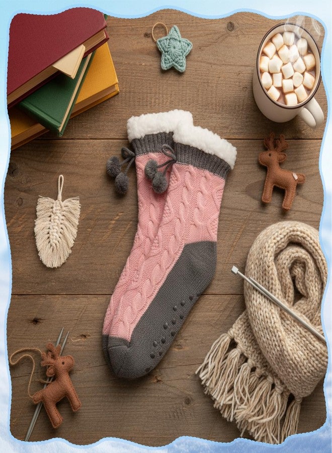 Janmercy Women Sipper Fuzzy Grips Socks Winter Warm Thick Thermal Non Slip Cozy Fleece Fluffy Socks for Valentine's Day Gift(Pink) - Image 4