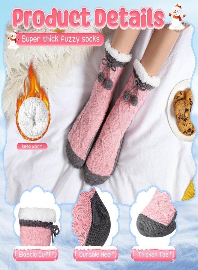 Janmercy Women Sipper Fuzzy Grips Socks Winter Warm Thick Thermal Non Slip Cozy Fleece Fluffy Socks for Valentine's Day Gift(Pink) - Image 2