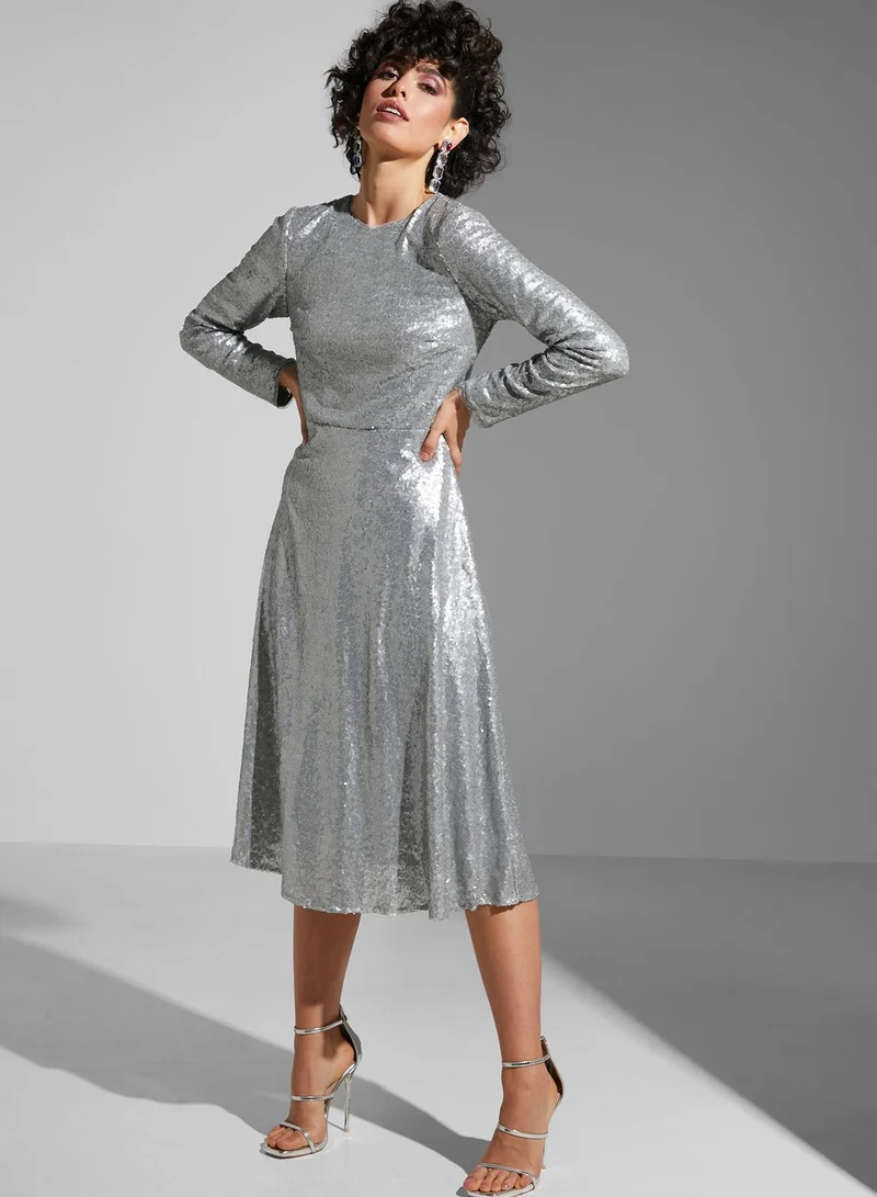 Namshi x Tamara Jamal Sequin Detail Keyhole Back Dress