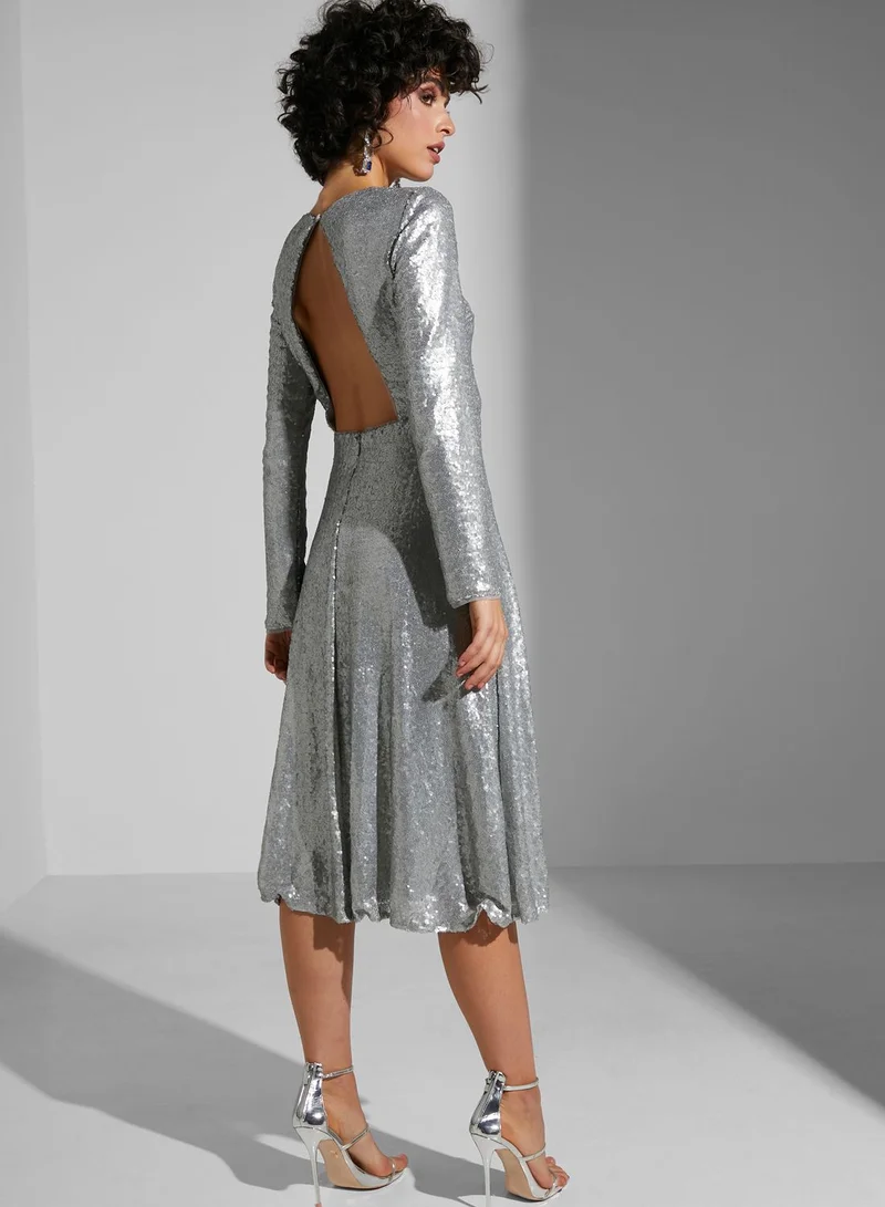 Namshi x Tamara Jamal Sequin Detail Keyhole Back Dress