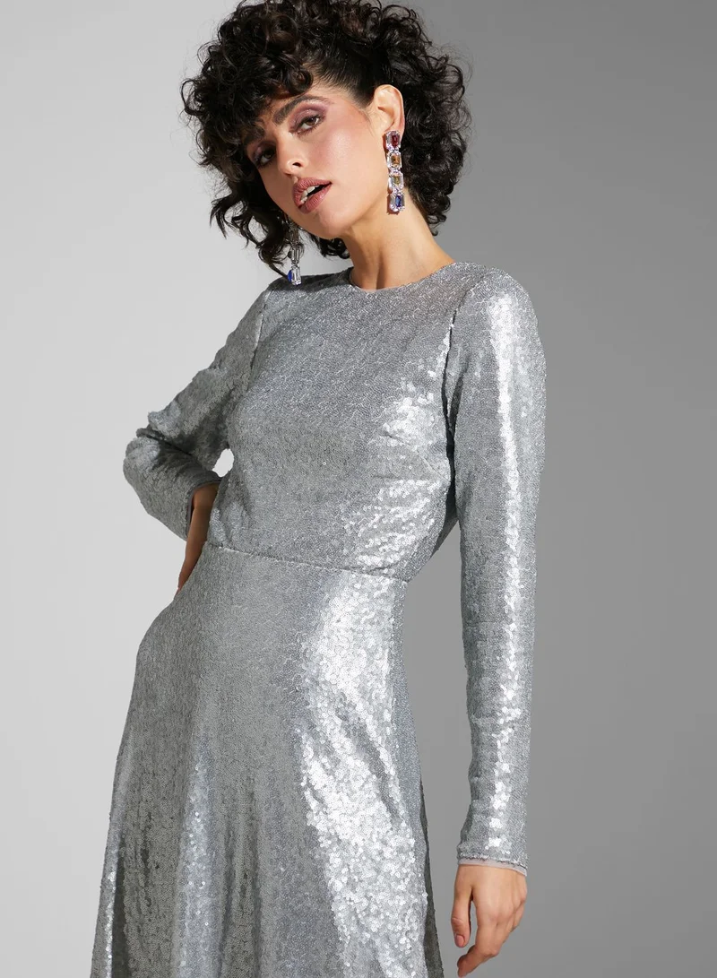 Namshi x Tamara Jamal Sequin Detail Keyhole Back Dress