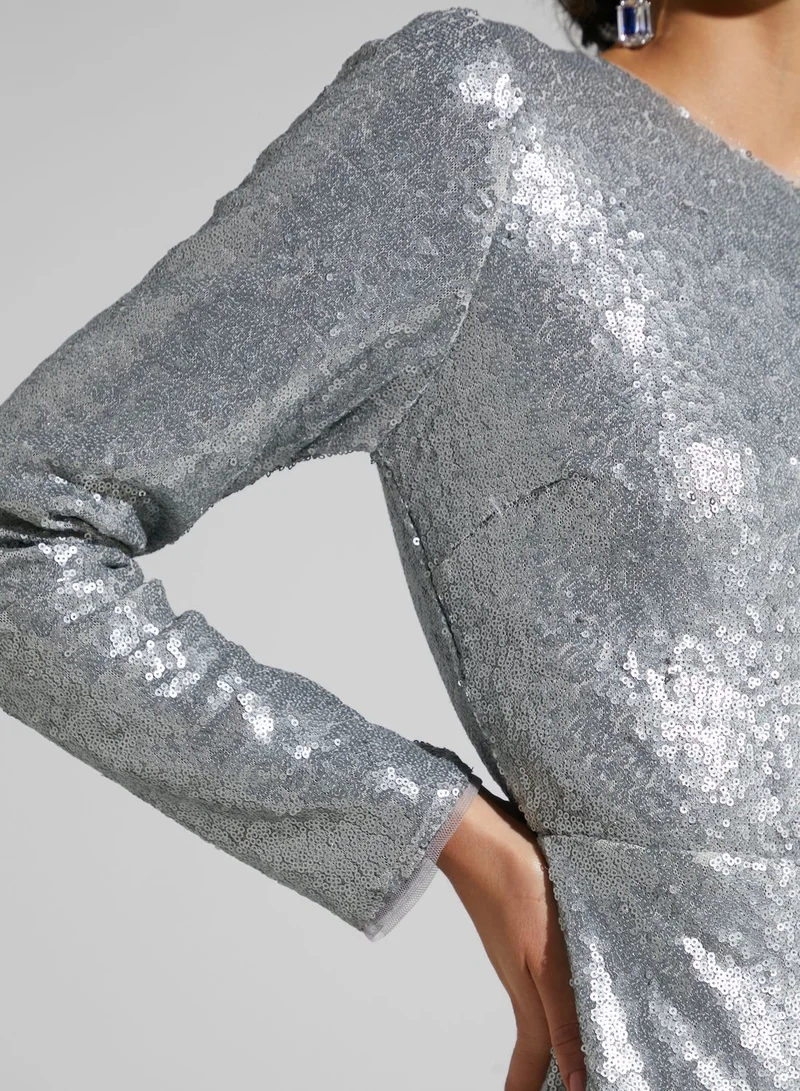 Namshi x Tamara Jamal Sequin Detail Keyhole Back Dress