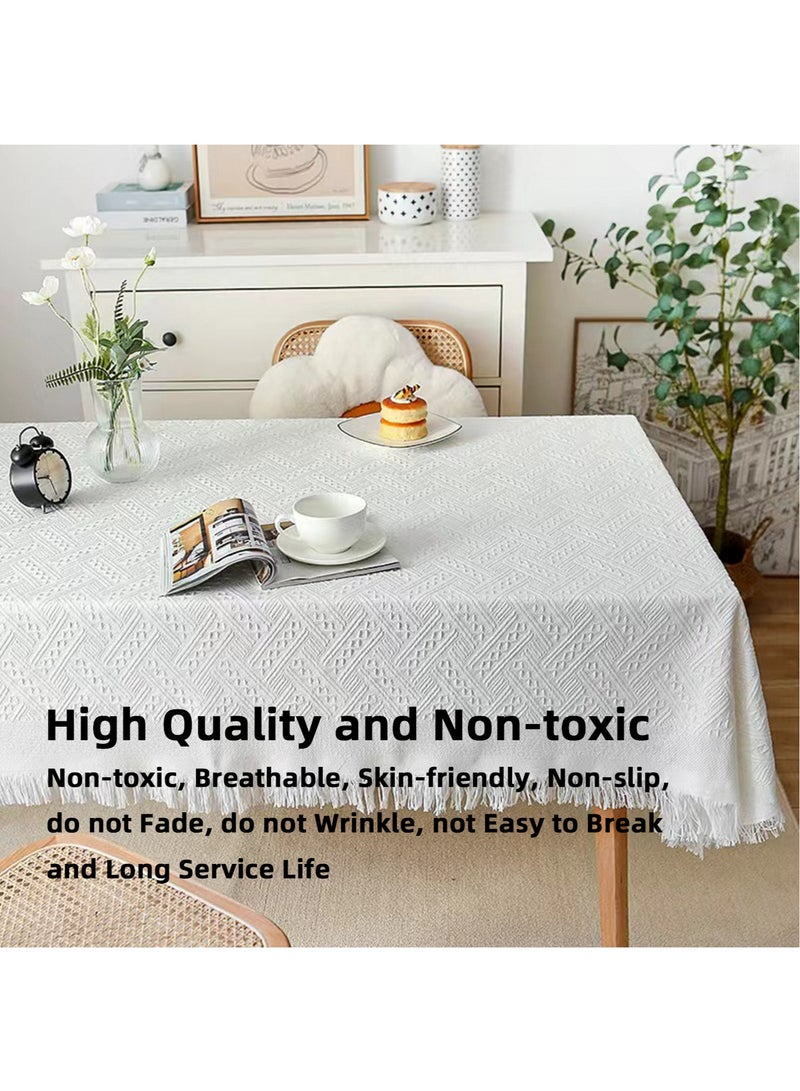 Teuuea Cotton and Linen Tablecloth with Tassel, Heat Insulation Lace Rectangle Desktop Table Cover, Home Decoration Outdoor Dining Table, 130x180 CM, White - Image 2