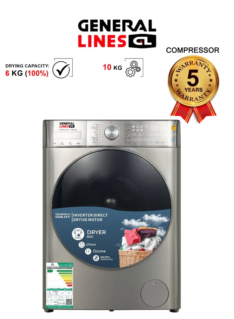 General Lines Washer and dryer - Front load inverter - 10 kg capacity - Washing capacity 6 kg - 100% heat drying - GLMF1007S - Image 1