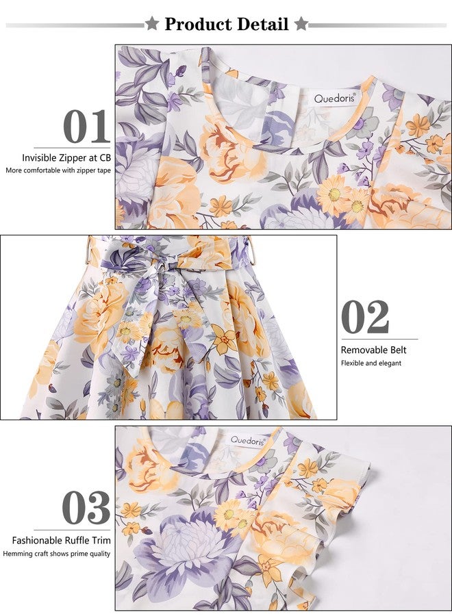 Quedoris Girls Ruffle Trim Dress Print and Solid Color A-line Swing Flared Belted Casual Party Dress with Zipper, Apricot Floral, 11-12 Years - Image 5