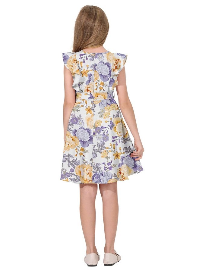 Quedoris Girls Ruffle Trim Dress Print and Solid Color A-line Swing Flared Belted Casual Party Dress with Zipper, Apricot Floral, 11-12 Years - Image 4