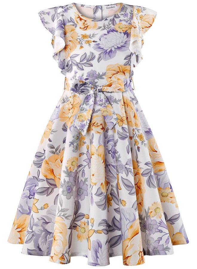 Quedoris Girls Ruffle Trim Dress Print and Solid Color A-line Swing Flared Belted Casual Party Dress with Zipper, Apricot Floral, 11-12 Years - Image 2