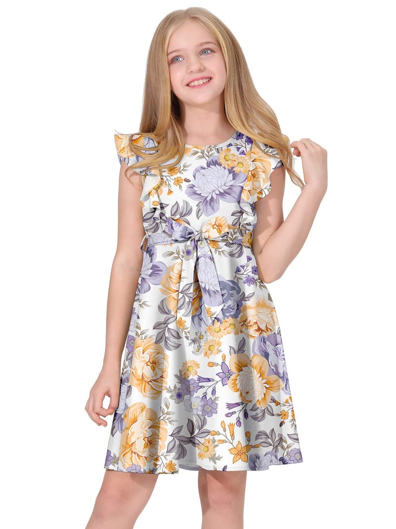 Quedoris Girls Ruffle Trim Dress Print and Solid Color A-line Swing Flared Belted Casual Party Dress with Zipper, Apricot Floral, 11-12 Years - Image 1