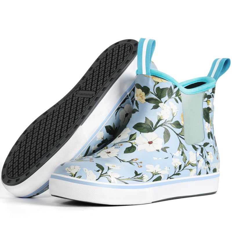 Furuian Women's Deck Boots Ankle Rain Boots Fishing Boots Rubber Waterproof Garden Shoes Slip-Resistant Outdoor Work Shoes, Flowers, Size 8 - Image 1
