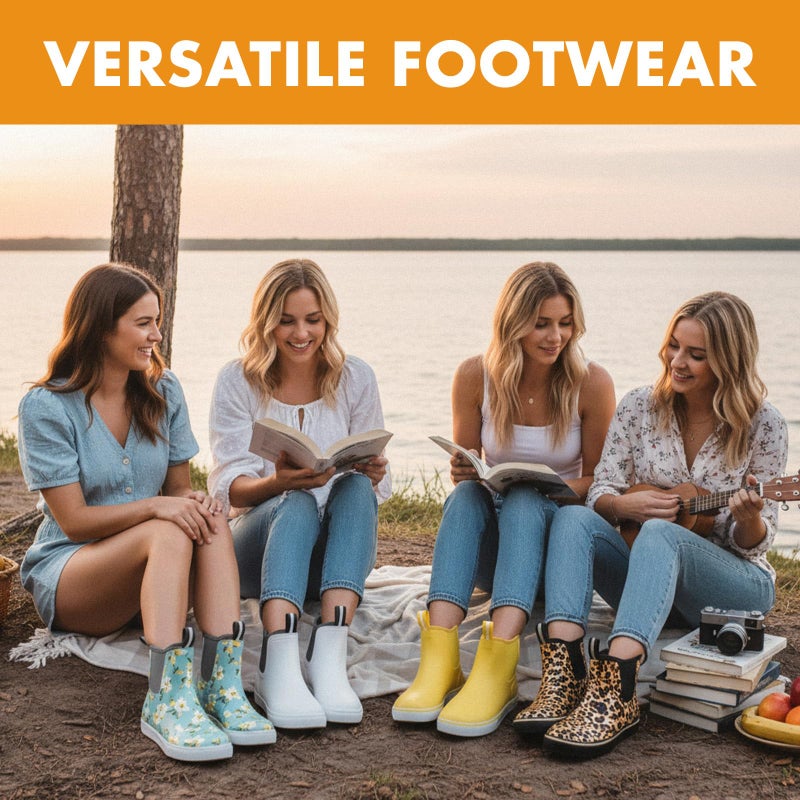Furuian Women's Deck Boots Ankle Rain Boots Fishing Boots Rubber Waterproof Garden Shoes Slip-Resistant Outdoor Work Shoes, Flowers, Size 8 - Image 2