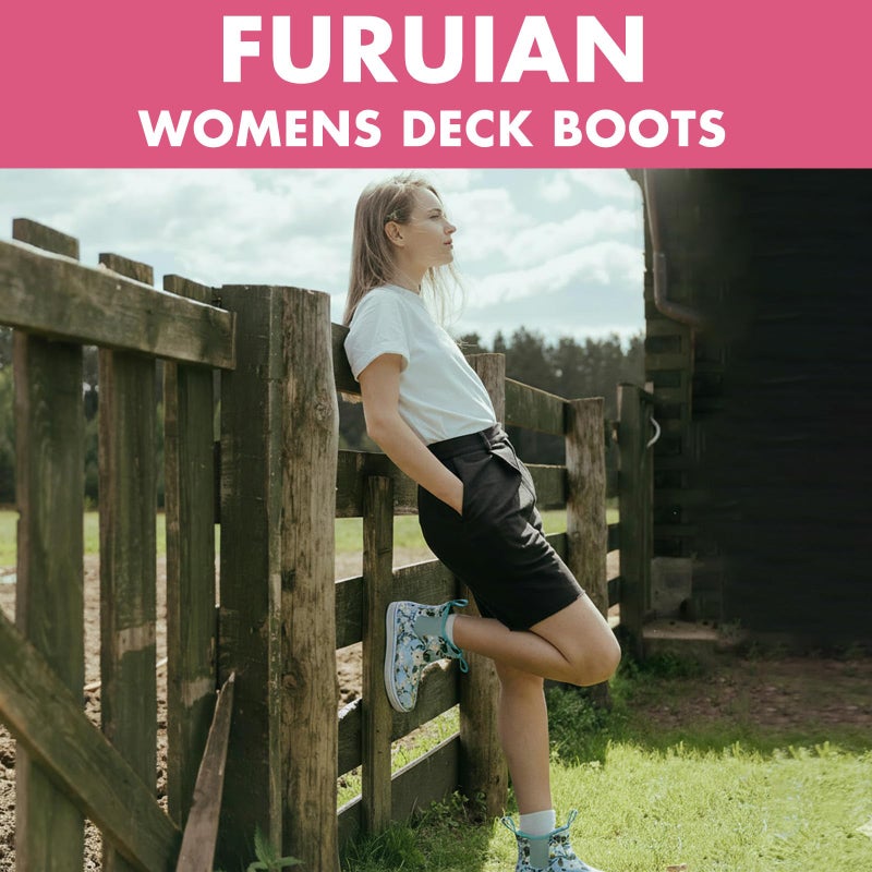 Furuian Women's Deck Boots Ankle Rain Boots Fishing Boots Rubber Waterproof Garden Shoes Slip-Resistant Outdoor Work Shoes, Flowers, Size 8 - Image 5