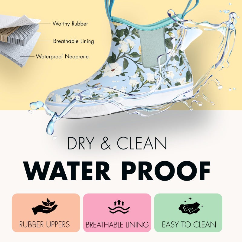 Furuian Women's Deck Boots Ankle Rain Boots Fishing Boots Rubber Waterproof Garden Shoes Slip-Resistant Outdoor Work Shoes, Flowers, Size 8 - Image 3