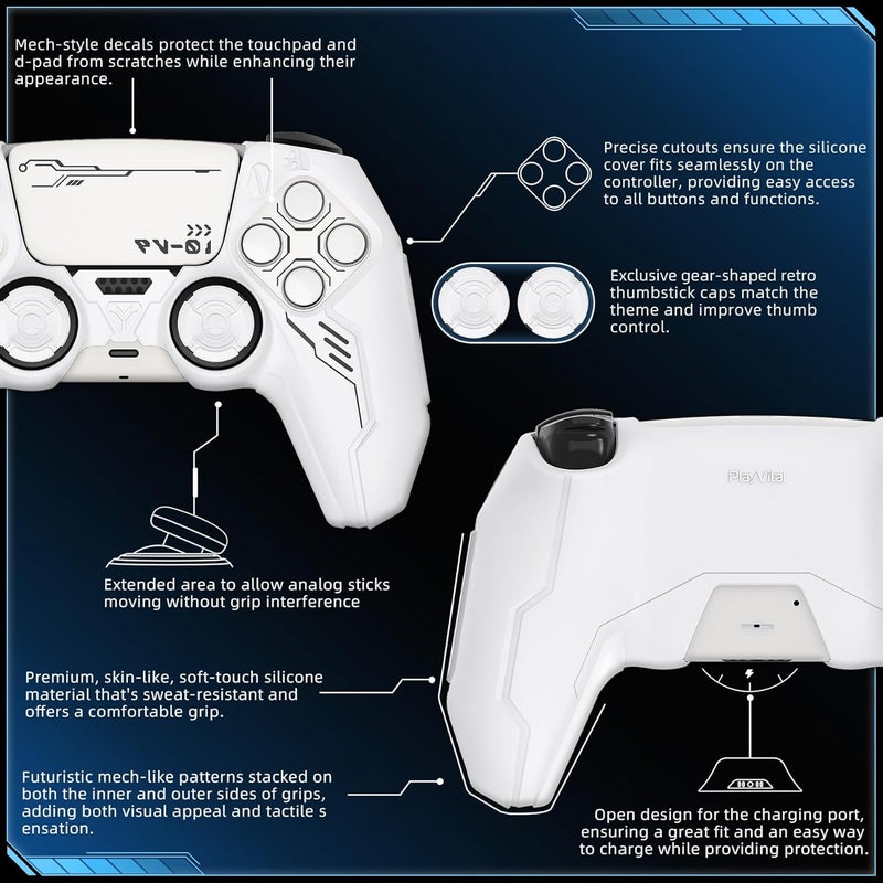 غلاف سيليكون إصدار الميكا من المتوافق مع جهاز تحكم PS5 مع 2 غطاء عصا تحكم و6 ملصقات، إكسسوارات واقية مضادة للصدمات ومضادة للانزلاق، مناسب لمحطة شحن PS5 - أبيض - Image 2