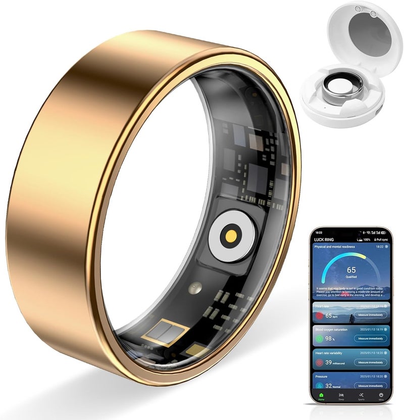 Smart Ring, Fitness Tracker Ring with Charging Case, 10ATM Waterproof, Heart Rate, Blood Oxygen, Sleep Tracker, No App Subscription-Compatible with Android 6.0+ and iOS 11.0 (Gold, #12) - Image 1