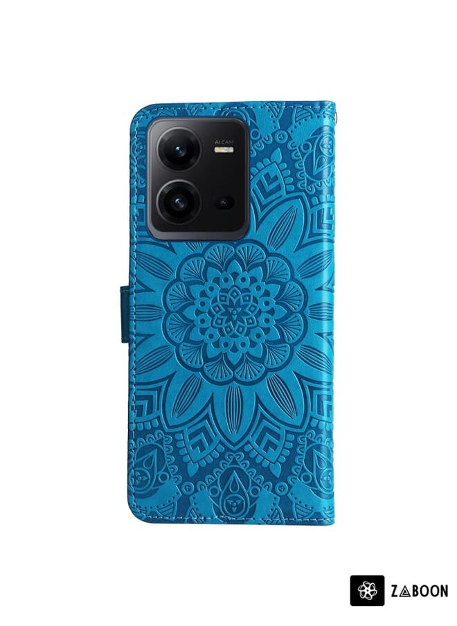 جرين تايجر - لـ vivo V25 5G/V25e 4G حافظة هاتف جلدية منقوشة على شكل عباد الشمس (أزرق) - Image 1