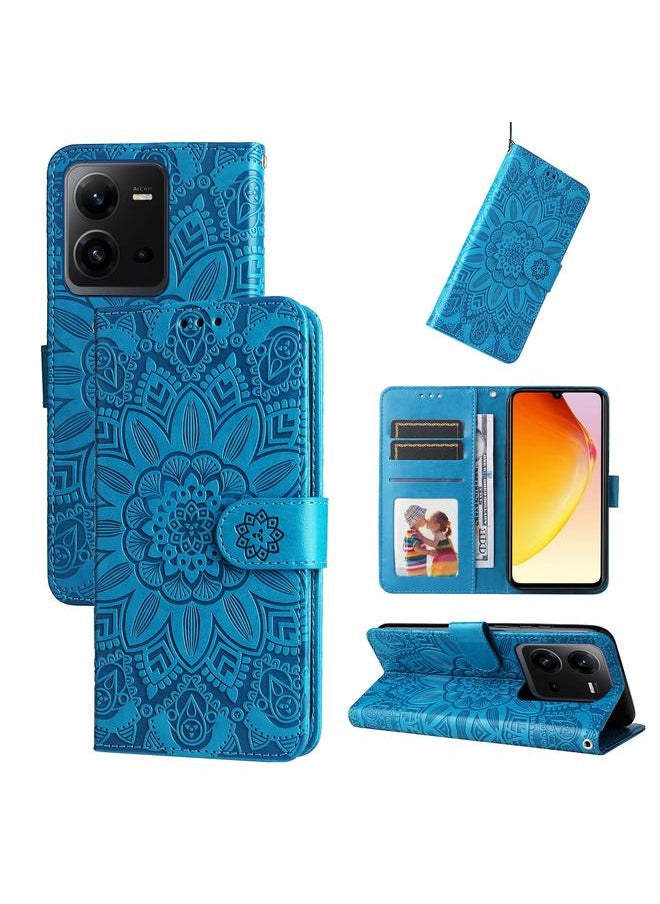 جرين تايجر - لـ vivo V25 5G/V25e 4G حافظة هاتف جلدية منقوشة على شكل عباد الشمس (أزرق) - Image 1