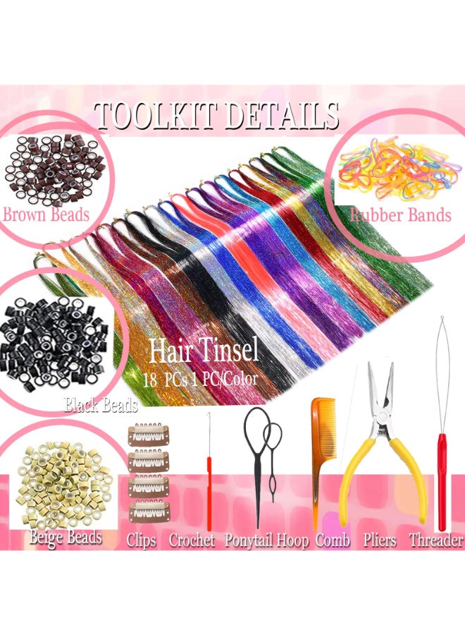 HandWig Tinsel Hair Tools Kit 18 Colors 4500 Strands 47 Inches Heat ResistantColorful Glitter Hair Tinsel Extensions for Women Adults for Party Cosplay Festival Events Daily Use Boxed - Image 4
