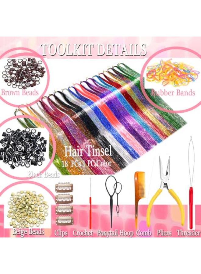 HandWig Tinsel Hair Tools Kit 18 Colors 4500 Strands 47 Inches Heat ResistantColorful Glitter Hair Tinsel Extensions for Women Adults for Party Cosplay Festival Events Daily Use Boxed - Image 3