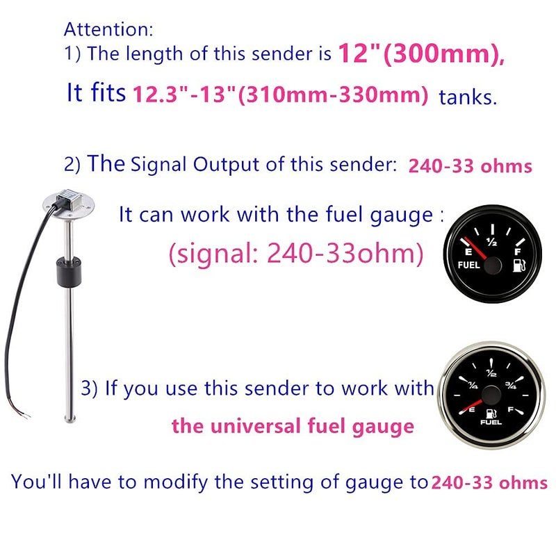 AODITECK 240-33 ohms 12"(300mm) Boat Fuel Tank Sending Unit Fuel Sending Unit Marine Truck Car Water Level Sensor Gas Water Tank Sensor Fuel Gauge Sending Unit Truck Marine Gas Water Tank Sender - Image 5
