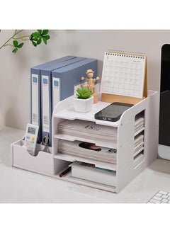7-Layer File Organizer Desktop Organizer for Desktop Supplies and Storage Rack, Wooden Plastic Desktop Organizer for Home Office, Multi-Function Desktop Organizer (4-Layer)