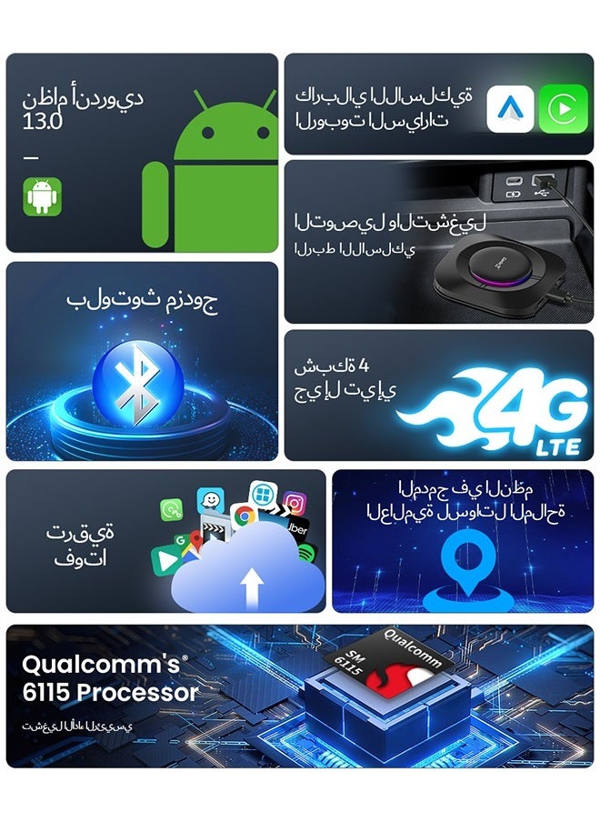 كار لينكيت كارلينكيت إس إم 6115 كاربلاي آي بوكس 8 نوى أندرويد 13 صندوق بث تلفزيوني للسيارة لاسلكي كاربلاي أندرويد صندوق تلقائي 4 جرام إل تي إي واي فاي 4 جيجابايت + 64 جيجابايت  - Image 4