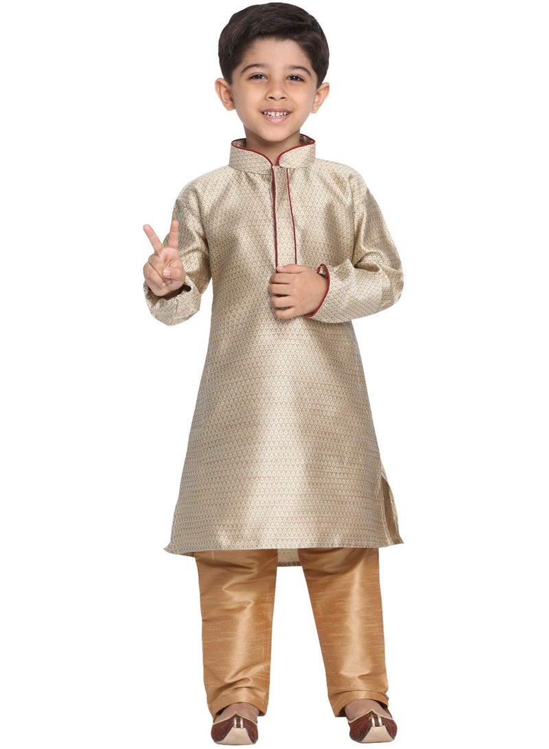 JBN Creation Boys' Beige and Rose Gold Silk Blend Kurta and Pyjama Set_VASBK047BGnPRG_32 - Image 1