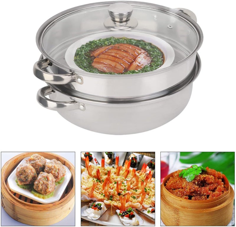 less Steel 2 Layer, 27cm/11in Double Bo Cooker, Food G Steel with Glass Lid, Even Heating for Soup Sing Cooking - Image 2