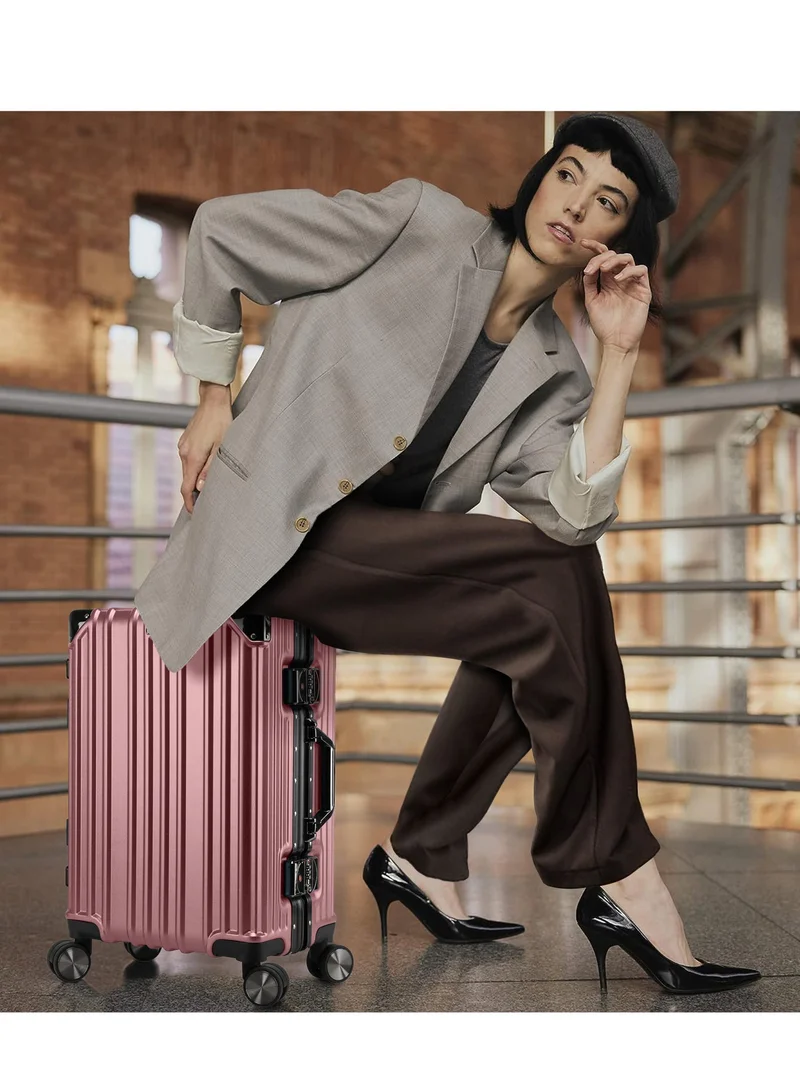 CABINPRO Lightweight Aluminum Frame Fashion Luggage Trolley Polycarbonate Hard Case Medium Checked Luggage Suitcase with 4 Quite 360 Degree Double Spinner Wheels CP001 Rose Gold
