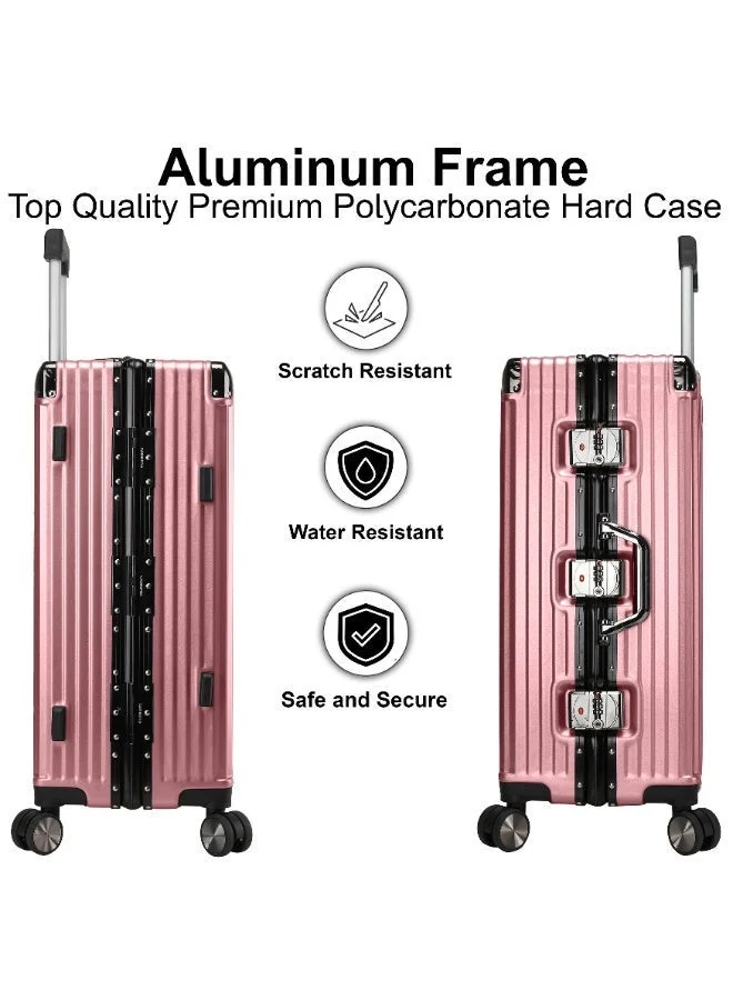 Cabinpro Rose Gold Lightweight Aluminum Frame Fashion Luggage Trolley Polycarbonate Hard Case Medium Checked Luggage Suitcase with 4 Quite 360 Degree Double Spinner Wheels CP001 Rose Gold  | Best Price UAE