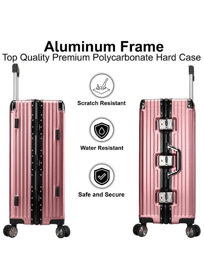 CABINPRO Lightweight Aluminum Frame Fashion Luggage Trolley Polycarbonate Hard Case Medium Checked Luggage Suitcase with 4 Quite 360 Degree Double Spinner Wheels CP001 Rose Gold - Image 3
