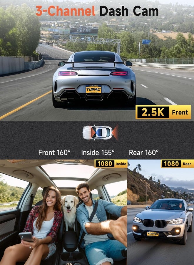 TUIFAC Dash Cam Front and Rear, 2.5K+1080P+1080P 3 Channel Dash Cam with 64GB Card, Wi-Fi Dash Camera for Cars, G-Sensor, Night Vision, 24H Parking, Loop Recording Dashcam, 1.97”IPS, Support 256GB - Image 2