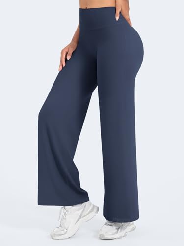 VOYJOY Straight Leggings Bottoms Wide Leg Pants for Women 29"/ 31.5"/33"/35" High Waist Stretch Casual Sweatpants Navy Blue - Image 4