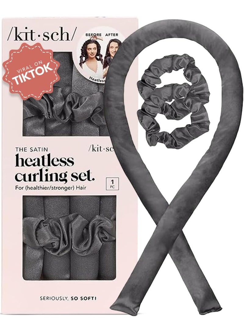 Kitsch مجموعة تجعيد الشعر بدون حرارة من الساتان - أسطوانات الشعر لتجعيد الشعر بدون حرارة | مكواة تجعيد الشعر بدون حرارة وأسطوانات ساخنة | مكواة تجعيد الشعر للنوم | رباط رأس لتجعيد الشعر بدون حرارة | مكواة تجعيد الشعر بدون حرارة (فحم) - Image 1