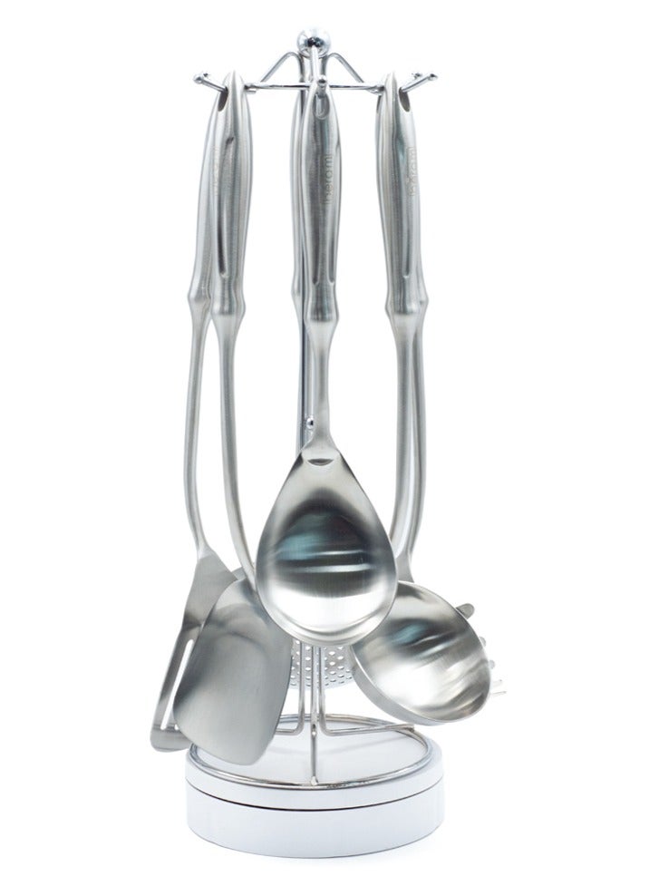 بيرام مجموعة أدوات الطبخ برام أونور من الستانلس ستيل 304 – 6 قطع تشمل مغرفة الحساء، ملعقة، مقلاة مثقوبة، مغرفة الأرز، ملعقة معكرونة، مقشدة – أدوات مطبخ آمنة للطعام - Image 1