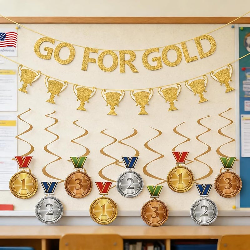 WAWEOOP Olympic Themed Party Decorations,3Pcs Glitter Go For Gold Banner for Sports Birthday Party Decorations Supplies - Image 3