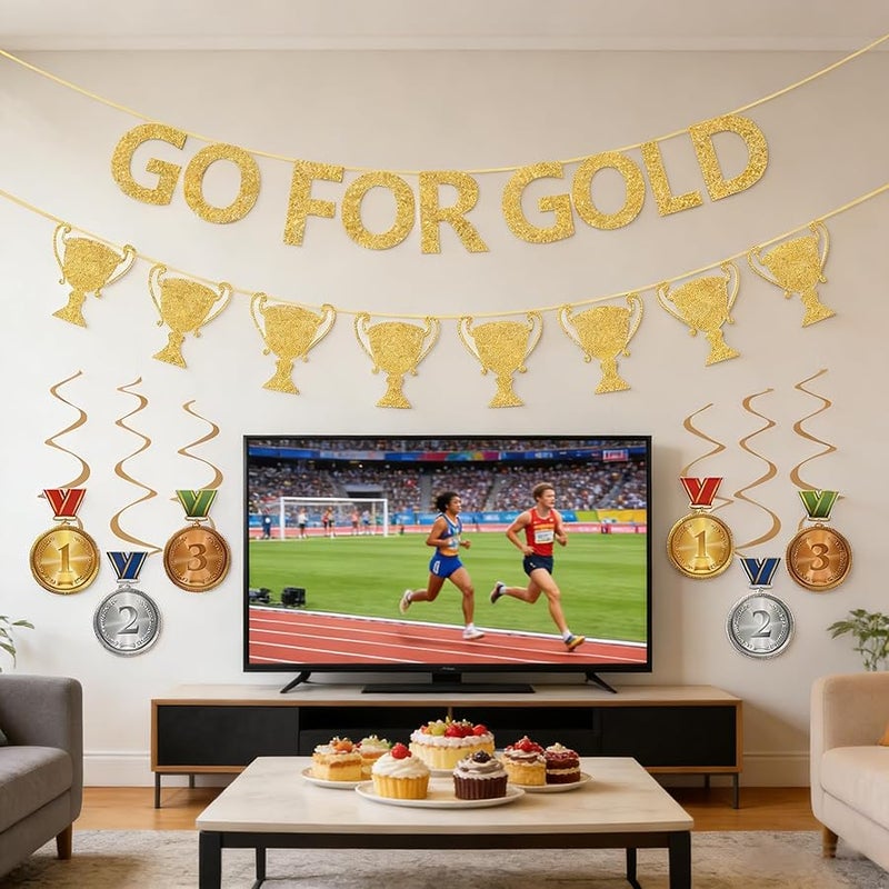 WAWEOOP Olympic Themed Party Decorations,3Pcs Glitter Go For Gold Banner for Sports Birthday Party Decorations Supplies - Image 2