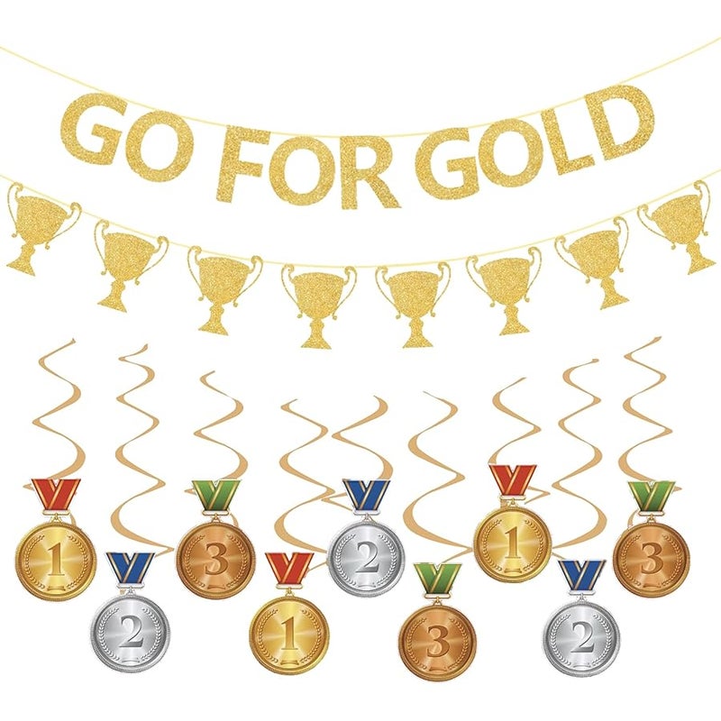 WAWEOOP Olympic Themed Party Decorations,3Pcs Glitter Go For Gold Banner for Sports Birthday Party Decorations Supplies - Image 1
