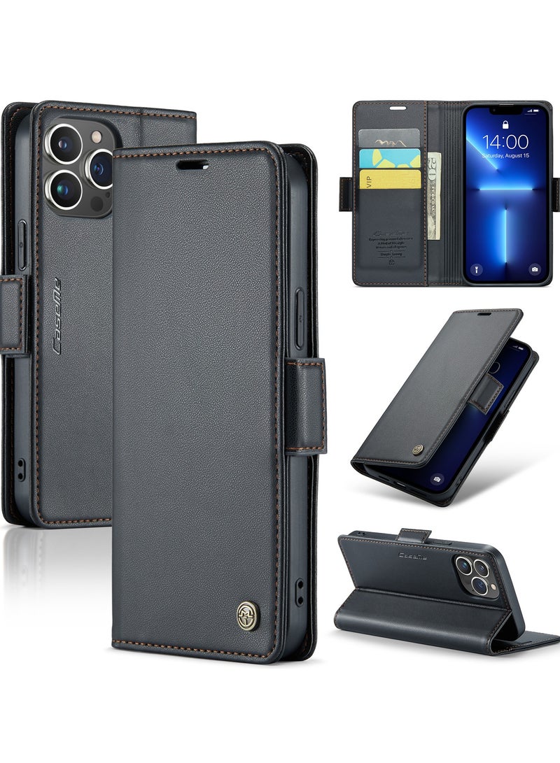CaseMe iPhone 13 Pro Max RFID Blocking Leather Flip Folio Wallet Case - Black - Image 1