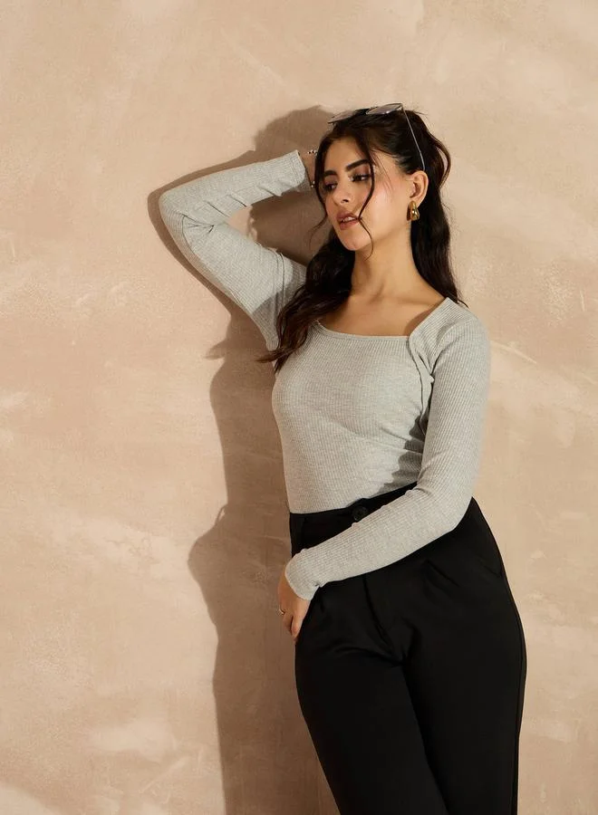 SASSAFRAS SASSAFRAS Ribbed Square Neck Long Sleeves Top