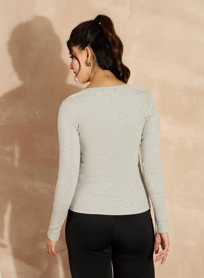 SASSAFRAS SASSAFRAS Ribbed Square Neck Long Sleeves Top