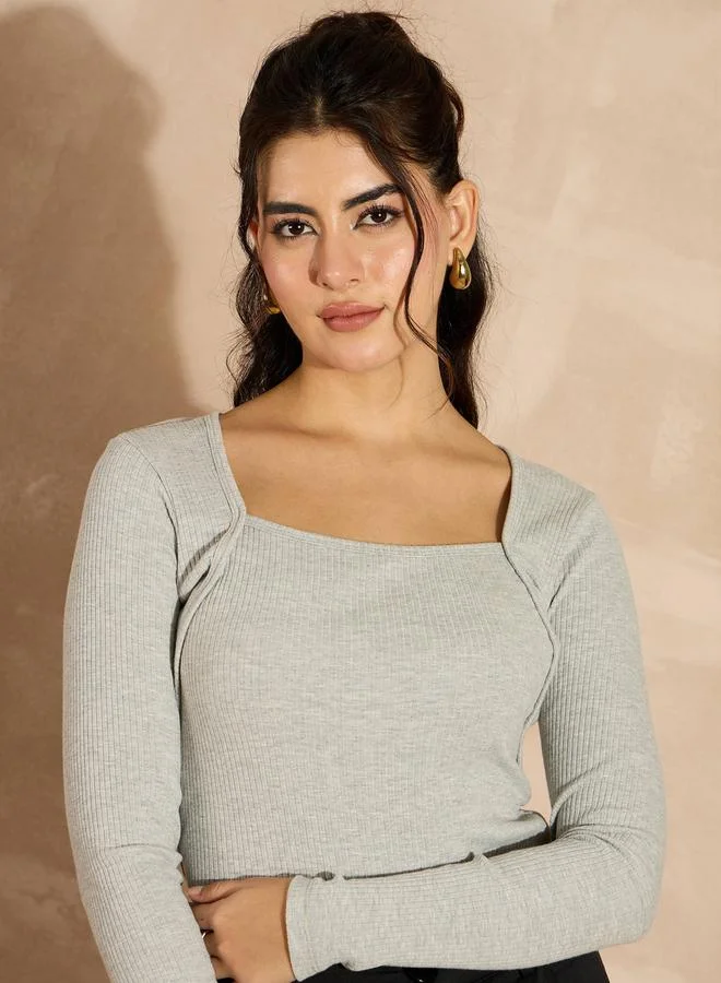 SASSAFRAS SASSAFRAS Ribbed Square Neck Long Sleeves Top