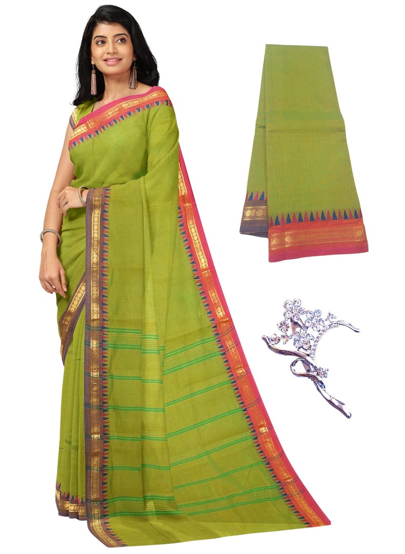 NandaVanam Women's Chettinad Cotton Sarees | Handloom Saree with Blouse | Pure Cotton Sarees for Women Daily use and All Occasion Wear| Soft, Comfort Cotton Saree (Greencross1) - Image 1