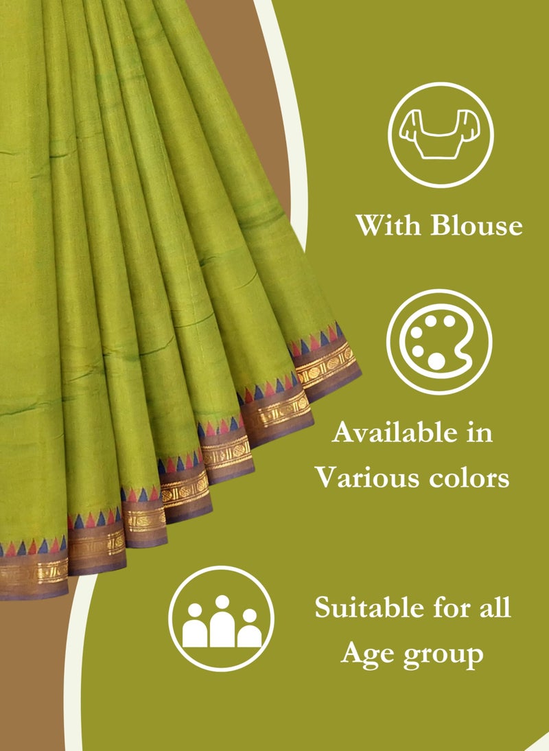 NandaVanam Women's Chettinad Cotton Sarees | Handloom Saree with Blouse | Pure Cotton Sarees for Women Daily use and All Occasion Wear| Soft, Comfort Cotton Saree (Greencross1) - Image 5